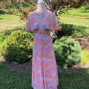 Vintage 1970s Psychedelic Pastel Maxi Dress w/ Capelet Overlay – Groovy Boho